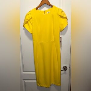 Calvin Klein Yellow Midi Dress with Puff Sleeves
